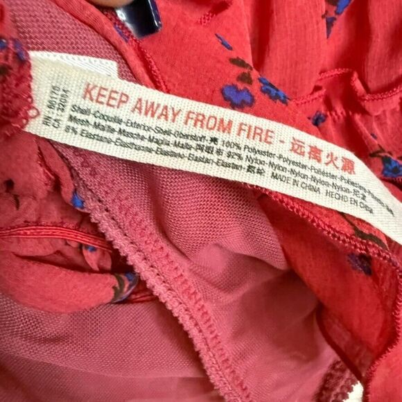 Free People Intimately Bodysuit Blouse Women S Red Floral Ruffle Cap Sleeve Boho - Picture 4 of 6